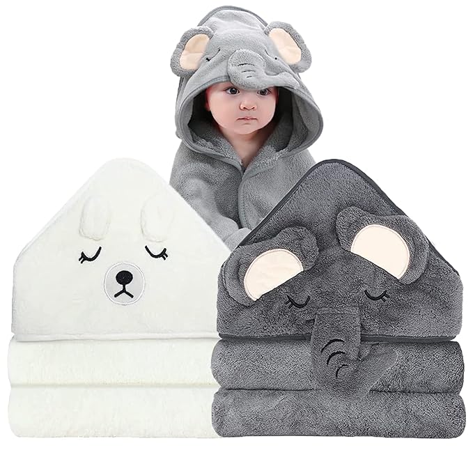 2 Pack Hooded Baby Towels - Premium Ultra Soft Organic Baby Bath Towel – Absorbent and Hypoallergenic Towels for Baby Boy Girl, Toddler, Newborn Essentials (Elephant & Bear)