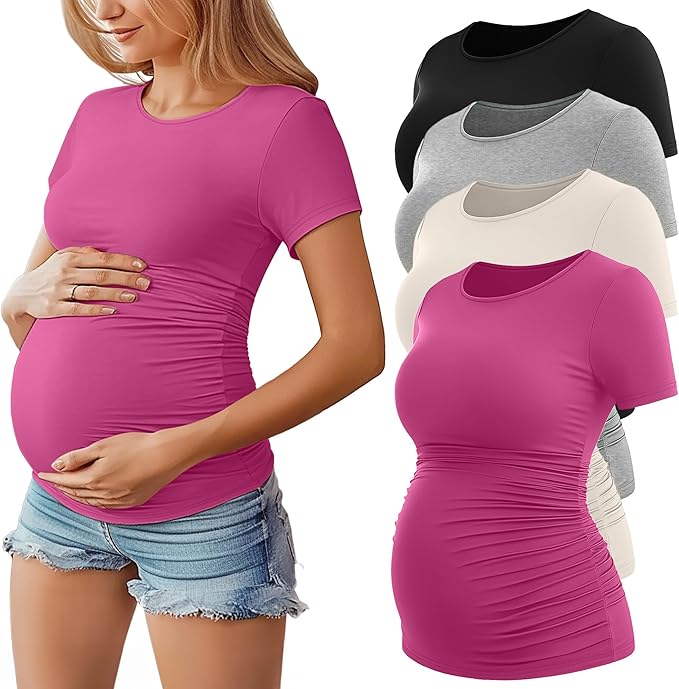 Huukeay 4 Pack Women's Maternity Shirts, Crew Neck Maternity Top Short Sleeve Casual Cotton Tee Side Ruched Pregnancy Clothes