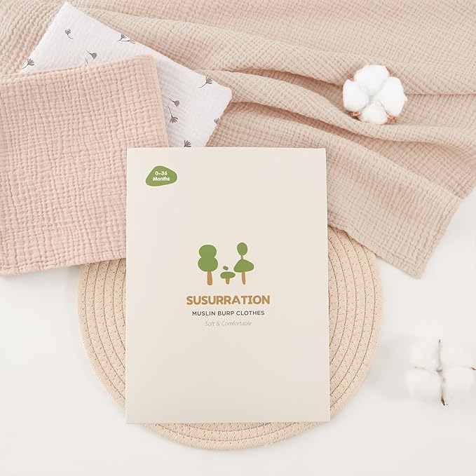 Susurration Muslin Burp Cloths 24x24 Inches Ultra Soft 100% Cotton, 4 or 7 Pack Baby Washcloths for Newborn, Absorbent Burp Rags & Swaddle Blankets