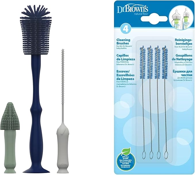 Dr. Brown's Silicone Cleaning Brush Set with Bottle, Spout, and Straw Brush, 3-Pack + Vent Cleaning Brush, 4-Pack