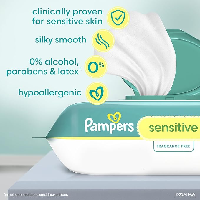 Pampers Baby Wipes Sensitive, Water Based Hypoallergenic and Unscented 504 Total (6 Flip-Top Packs)