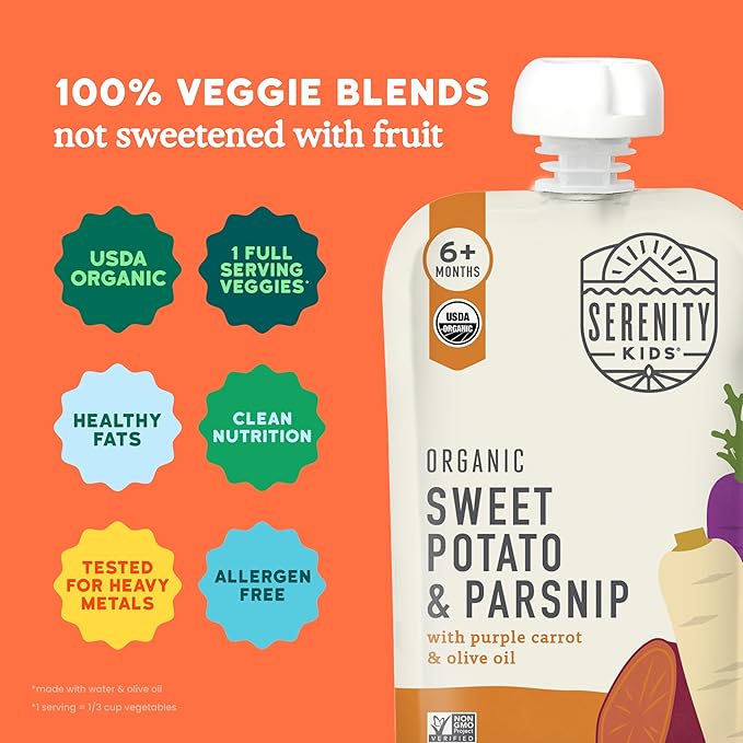 Serenity Kids 6+ Months Organic Veggie Puree Baby Food Pouches - No Added Sugar & Allergen Free - BPA-Free Baby Snacks & Toddler Food with Sweet Potato & Parsnip - 3.5 Oz, 12 Pack
