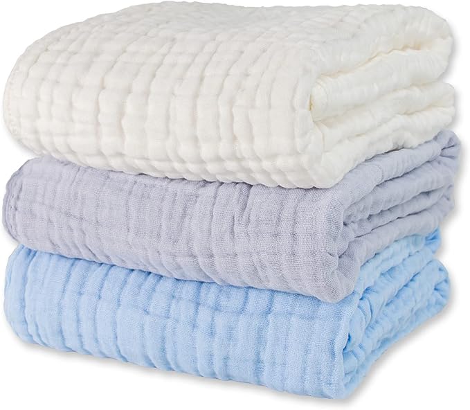 Muslin Baby Bath Towels Set 3 Pack Ultra Soft and Absorbent Baby Towels Infant Toddler Blanket Towel 6-Layer Natural Cotton Towel Suitable for Girl Boy 40x40 inches (White&Blue&Grey)