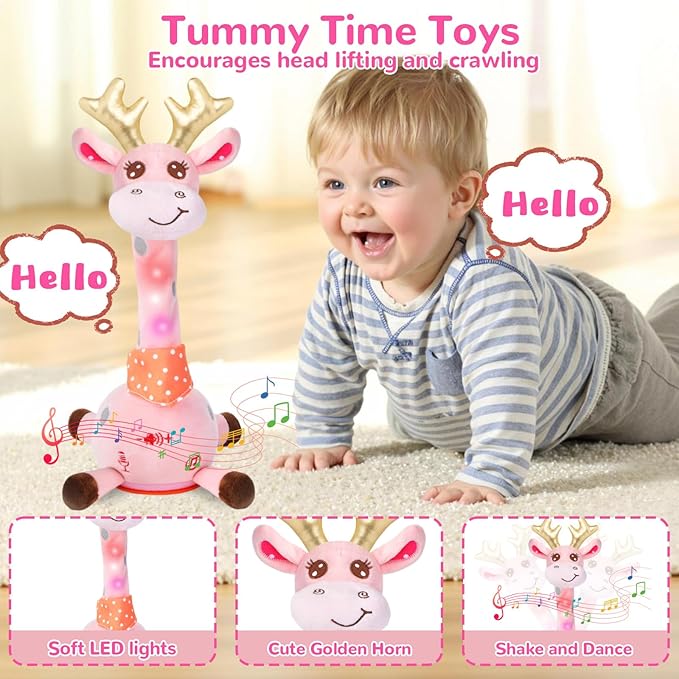 MILGEI Dancing Talking Giraffe Toy, Singing Musical Tummy Time Baby Toy with Volume Adjustment, 10 Children's Songs Light Up Toys, Repeating What You Say, Pink Giraffe Stuffed Animal for Girls Boys