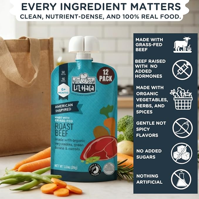 Li'l Hala Foods - Baby Meat Pouches - Toddler Meals with Meat – Protein & Healthy Fats Puree – No Hormones – 6+ Months – 3.5 oz (12 Pack) (Roast Beef)