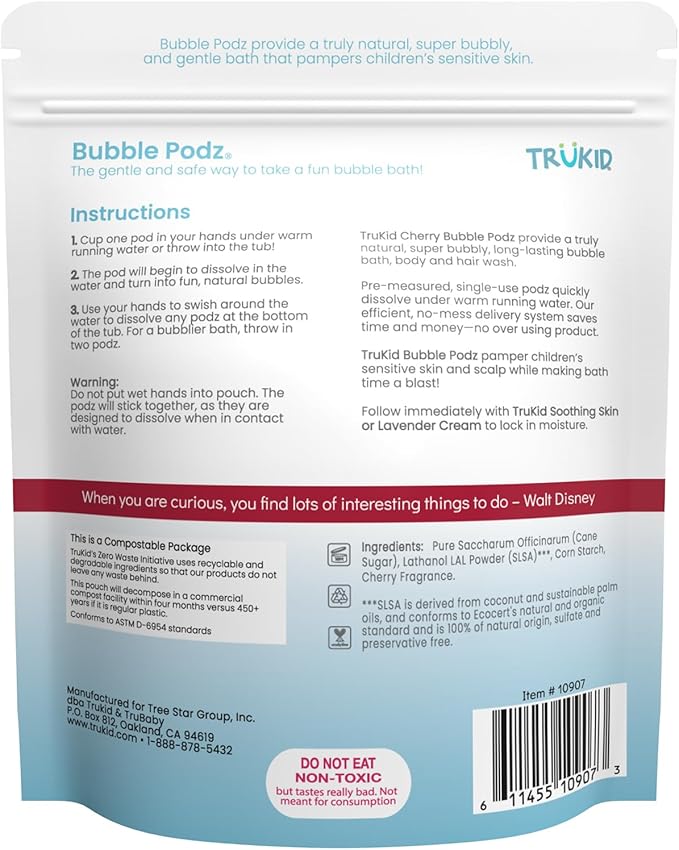 TruKid Bubble Podz Bubble Bath for Kids, Toddlers, & Babies, Tear Free Gentle & Refreshing Bath Bomb for Sensitive Skin with Natural Moisturizers, Non-Toxic, pH Balanced, Cherry Scent (24 Podz)