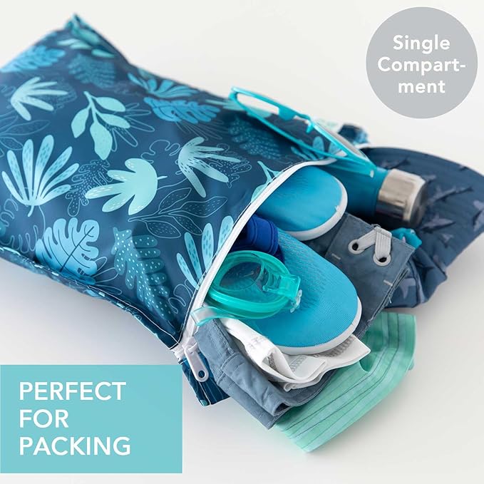 Bumkins Waterproof Wet Bag, Washable, Reusable for Travel, Beach, Pool, Stroller, Diapers, Dirty Gym Clothes, Wet Swimsuits, Toiletries, 12x14 – Blue Tropic
