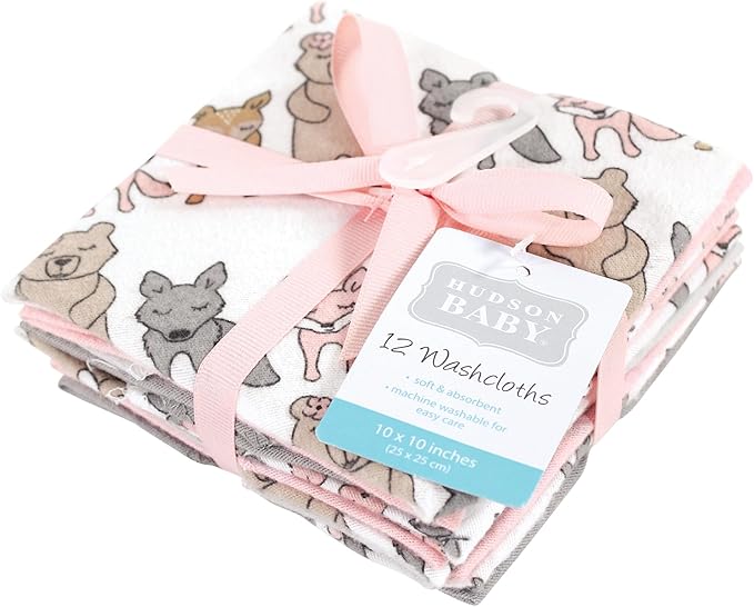 Hudson Baby Unisex Baby Flannel Cotton Washcloths 12-Pack, Wild Forest Pink, One Size