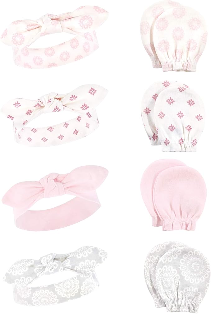Hudson Baby baby-girls Cotton Headband and Scratch Mitten Set