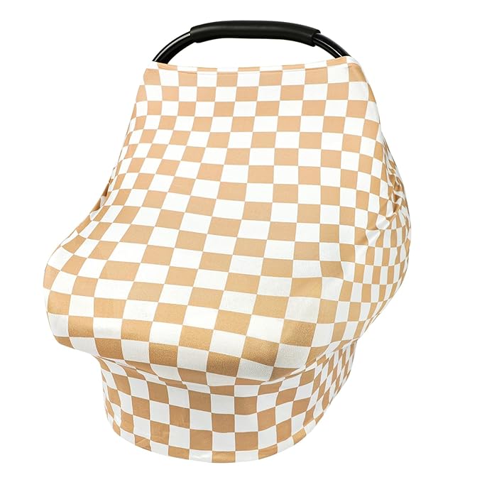TANOFAR Car Seat Cover for Baby, Multi-Use Cover Carseat Canopy, High Stretchy & Breathable Infant Carseat Cover, Shower Gifts for Unisex Boys and Girls (Light Brown Checkerboard)
