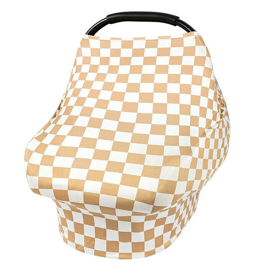 TANOFAR Car Seat Cover for Baby, Multi-Use Cover Carseat Canopy, High Stretchy & Breathable Infant Carseat Cover, Shower Gifts for Unisex Boys and Girls (Light Brown Checkerboard)