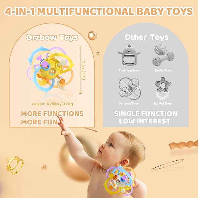 Baby Sensory Teething Toys, Baby Montessori Teether Toys for 0 3 6 9 12 18 Months, Silicone Tummy Time Toy with Rattle Ball for Newborn Infant, Learning Delopmental Gift for Boys Girls, Yellow