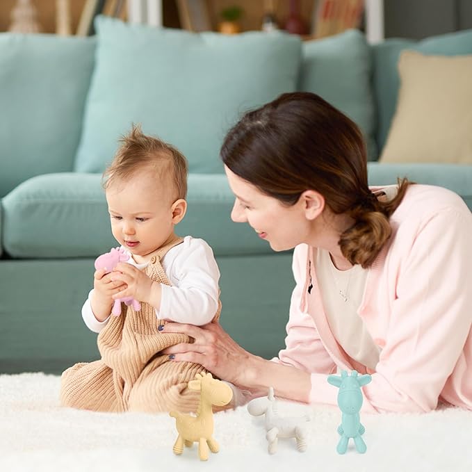 TYRY.HU Baby Teething Toys for Babies 0-6 6-12 Months,BPA Free Silicone Giraffe Teethers Toys, Soft-Textured Chew Toys, Montessori Sensory Toys for Boys Girls Teething Relief, 4 Pack