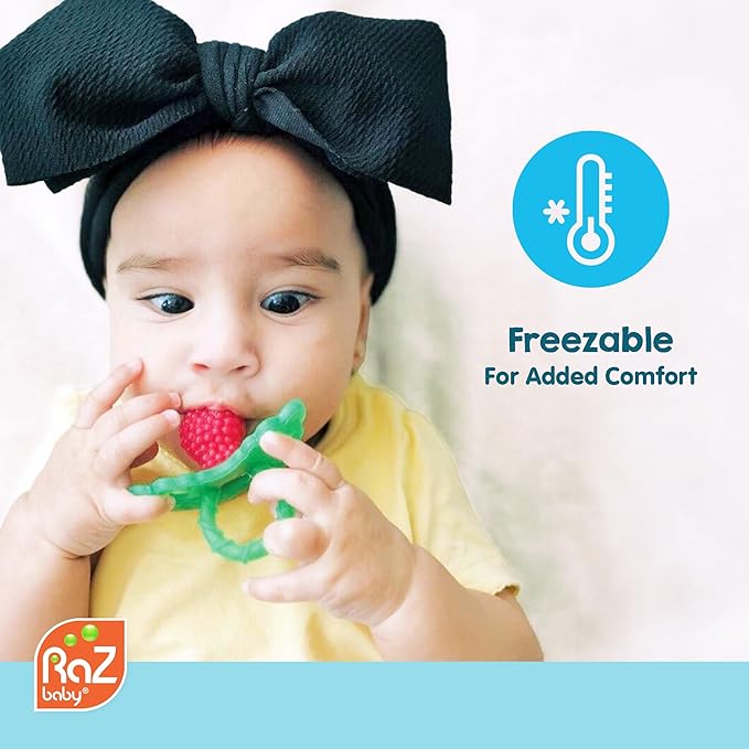 RaZbaby RaZberry Silicone Teether Pacifier – Teething Relief for Infants, Food-Grade, BPA-Free, Hands-Free, Natural Berrybumps Fruit Texture for Sensory Development, Freezable, 2-Pack - Green & White
