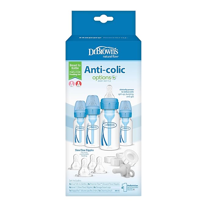 Dr. Brown's Natural Flow Anti-Colic Options+ Narrow Breast to Bottle Pump & Store Feeding Set with Slow Flow Nipples, Baby Travel Caps and 100% Silicone HappyPaci One-Piece Pacifier, Blue (Pack of 12)