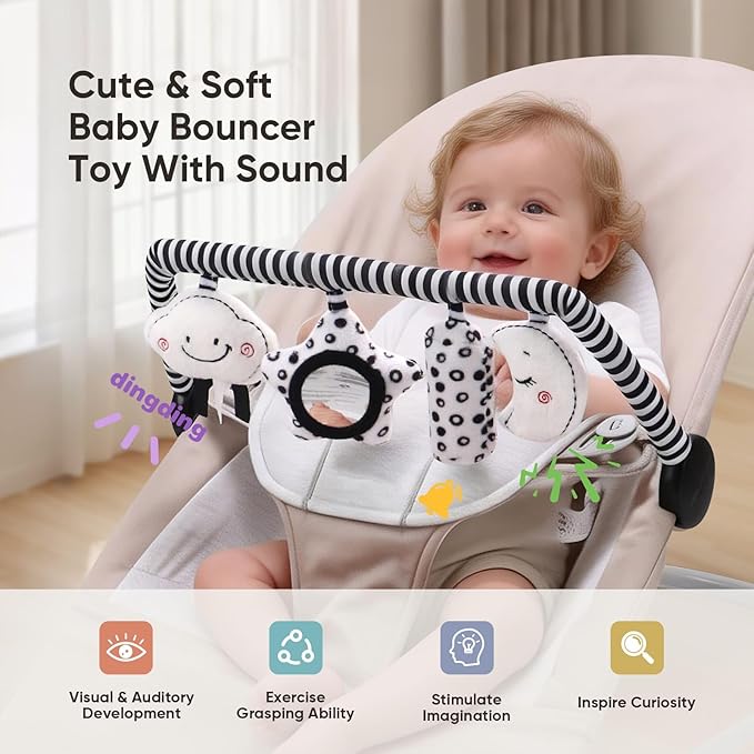 Baby Bouncer Toy Bar Soft with 4 Hanging Sensory Toys Attachment, Compatible with Baby Bjorn Bouncer, with Mirror, Rattle, Crinkle Sound for Babies All Ages (Black and White Shapes)