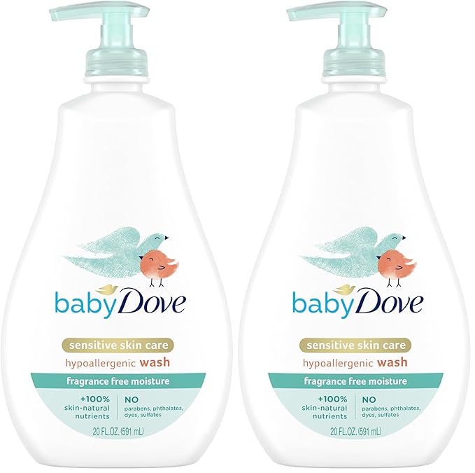 Baby Dove Sensitive Skin Care Baby Wash For Bath Time, Moisture Fragrance Free and Hypoallergenic, Washes Away Bacteria 20 oz (Pack of 2)