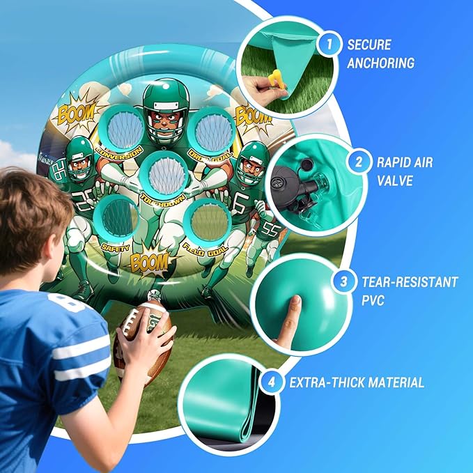 6Ft Inflatable Football Target Toss Game - Giant Outdoor Carnival Party Games for Backyard & Tailgate - Arcade Sports Toy with Electric Pump - 4 Easy-Grip Balls Gifts for Boys 3 4 5 6 7 8-12 Year Old