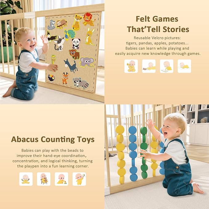 Wooden Baby Playpen,Adjustable Wooden Babies Play Pen,Portable Fence for Babies,Baby Playard Area Indoor,Easy to Assemble and Clean Toys Fence(78x53x24 Inch)