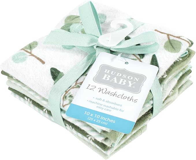 Hudson Baby Unisex Baby Flannel Washcloths, Eucalyptus 12Pk, One Size