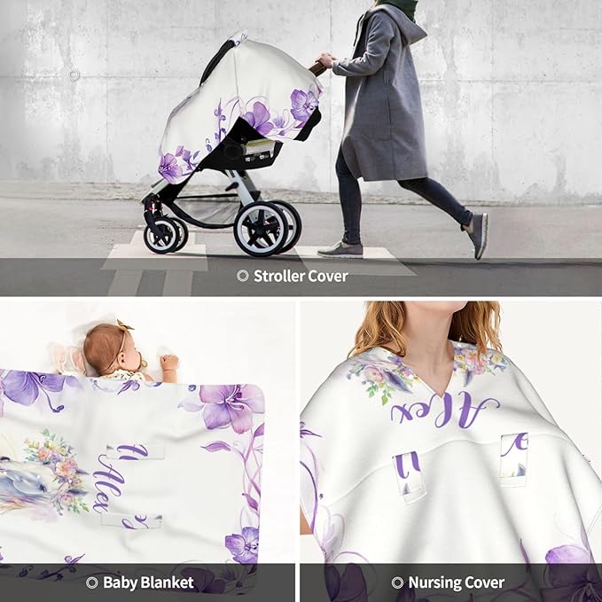 Personalized Baby Girl Car Seat Canopy for Babies, Custom Name Baby Car Seats Cover for Girls, Floral Horse Opening Minky Nursing Breastfeeding Covers for Infant, Carseat Canopies for Newborn