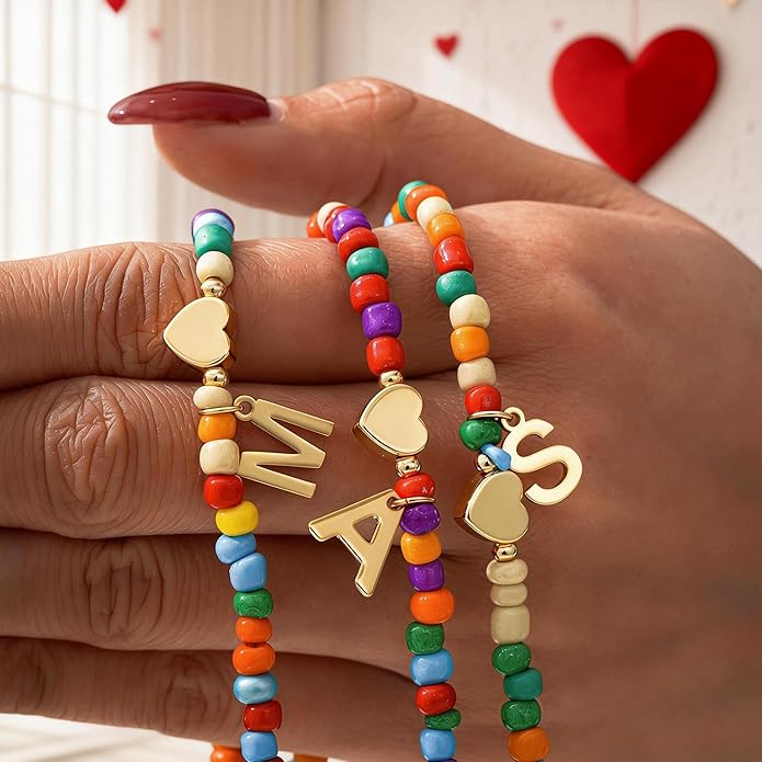 Valentines Day Gifts for Kids Women Girls - Colorful Beaded Initial Necklace Teen Girls Trendy Stuff Dainty Letter Choker Necklace Valentines Day Gifts for Her Mom Wife Jewelry