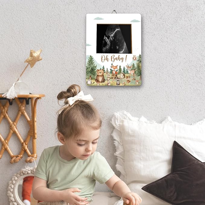 ALodr Woodland Baby Shower Decorations, Woodland Baby Shower Sign Picture Frame, Wild Animal Party Decor for Gender Reveal, Pregnancy Milestone Keepsake, Pregnancy Announcement Sonogram Photo Frames
