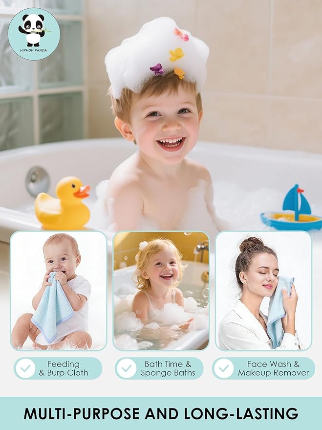 HIPHOP PANDA Baby Washcloths, Rayon Made from Bamboo - 2 Layer Ultra Soft Absorbent Newborn Bath Face Towel - Reusable Baby Wipes for Delicate Skin - Blue, 6 Pack