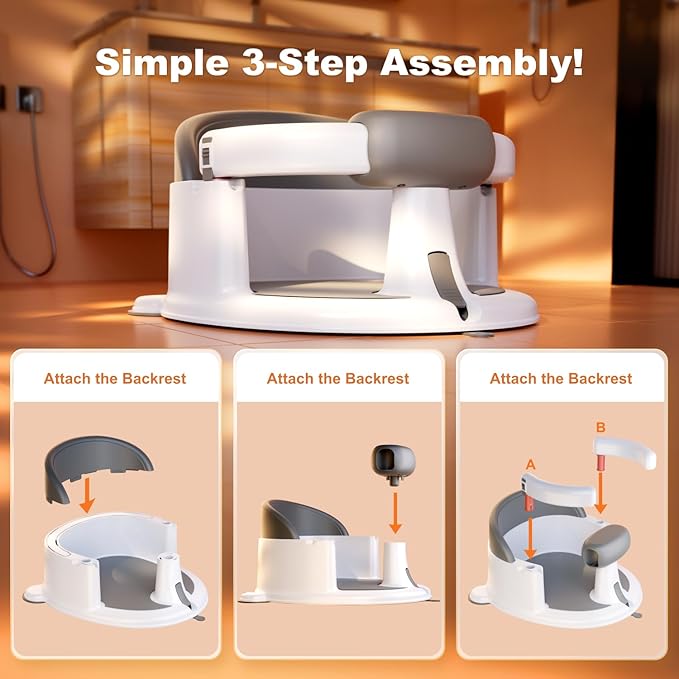 Baby Bath Seats for Babies Sitting Up, Non-Slip Baby Bathtub with 3 Suction Cups, Safe & Comfortable Toddler Bath Seat Ideal for Baby Bath/Shower Support, Stable Design, Grey (6-24 Months)