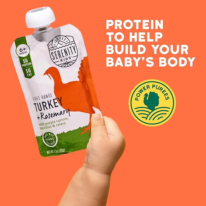 Serenity Kids 6+ Months Baby Food Puree Pouches - Turkey & Rosemary - Nutrient Packed 5g Protein & Vegetables - No Added Sugar for Baby Meals - Portable Food Pouch for Toddler Snacks - 3.5 Oz, 12 Pack