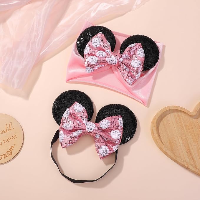 choicbaby Baby Girl Headbands Mouse Ears Headwrap with Sequin Polka Dot Bow Soft Stretchy Nylon Hair Bands for Newborn Infant Baby Toddler Girls- Pack of 2