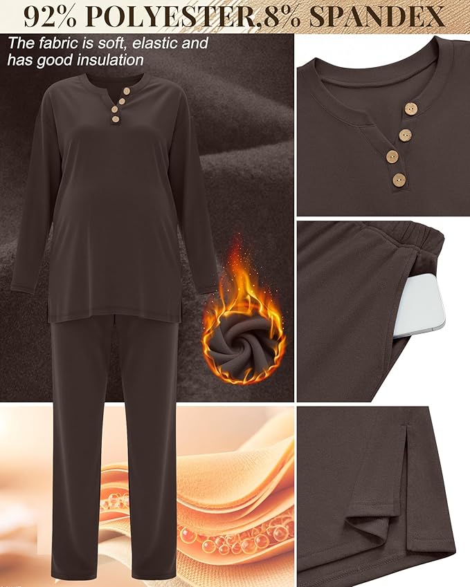 2 Piece Thermal Maternity Lounge Set Postpartum Pregnancy Fleece Loungewear Long Sleeve Top and Wide Leg Pant