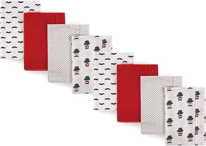 Hudson Baby Cotton Poly Flannel Burp Cloths Multipack, Mustache Hat 8-Pack, One Size