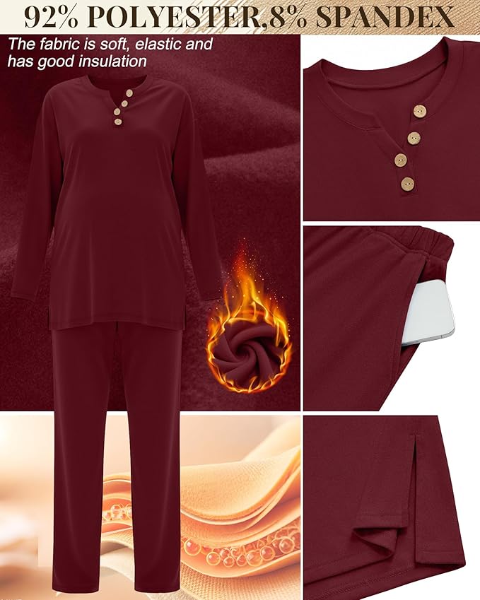 2 Piece Thermal Maternity Lounge Set Postpartum Pregnancy Fleece Loungewear Long Sleeve Top and Wide Leg Pant