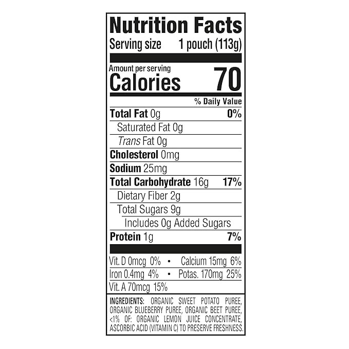 Happy Baby Organics Stage 2 Baby Food Pouches with One Full Serving of Veggies, Nutritious Snack, Clearly Crafted Fruit & Veggie Puree, Sweet Potatoes, Blueberries, & Beets, 4 Ounces - 16 Pack