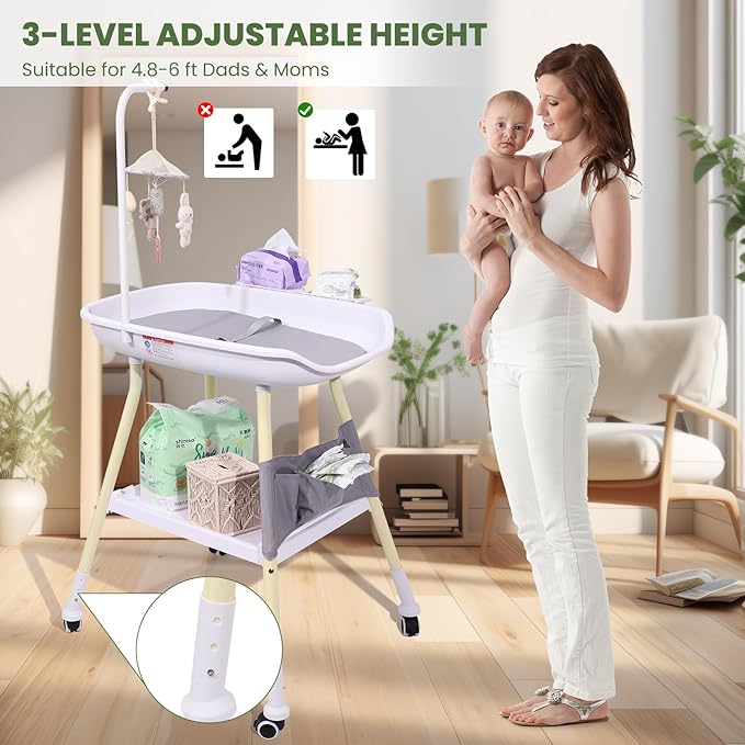 Baby Changing Table, Adjustable Height Diaper Changing Station with Baby Crib Mobile, Changing Pad, Nursery Organizer and Large Storage Rack for Infant and Newborn