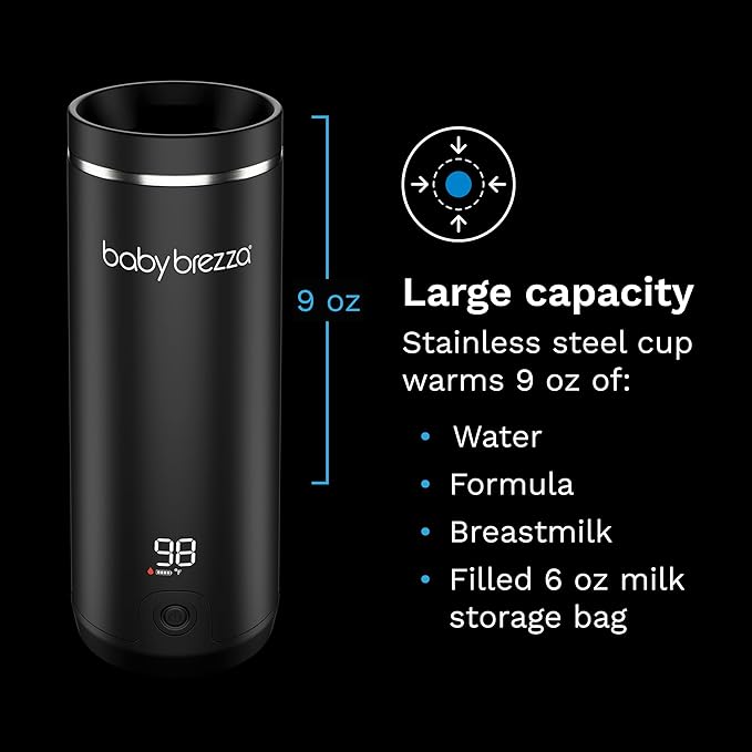 Baby Brezza Portable Warmer – 3X Faster Baby Bottle Warming - Travel Breastmilk and Formula Warmer - Safe, Even Heating - Up to 9oz - No Adapters, Black