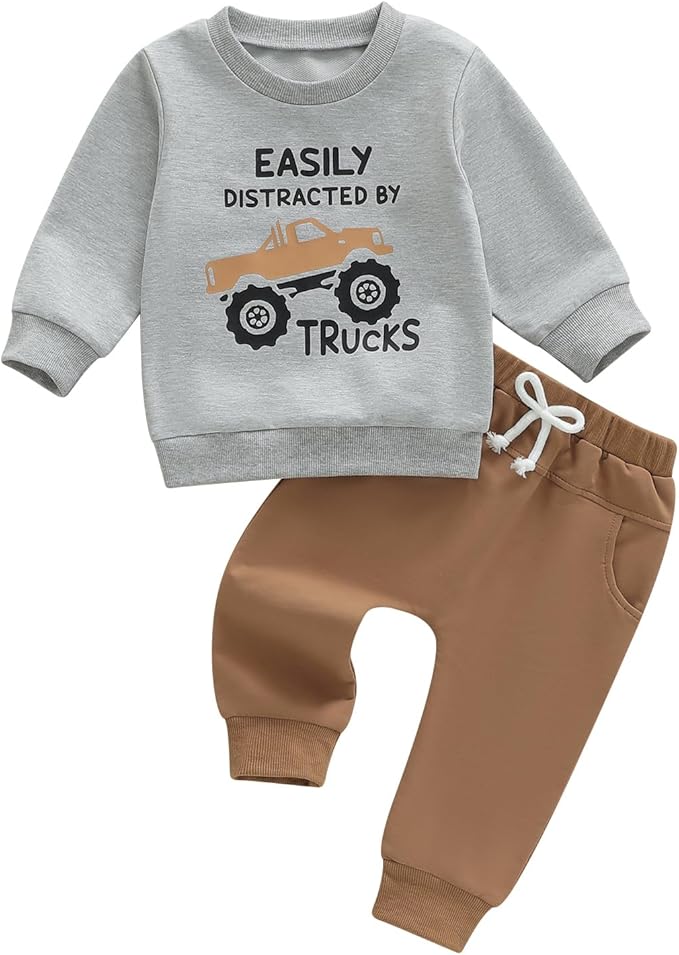 WZTYYDS Toddler Baby Boy Fall Clothes Letter Truck Long Sleeve Pullover Sweatshirt Tops Joggers Pants Set Winter Outfits
