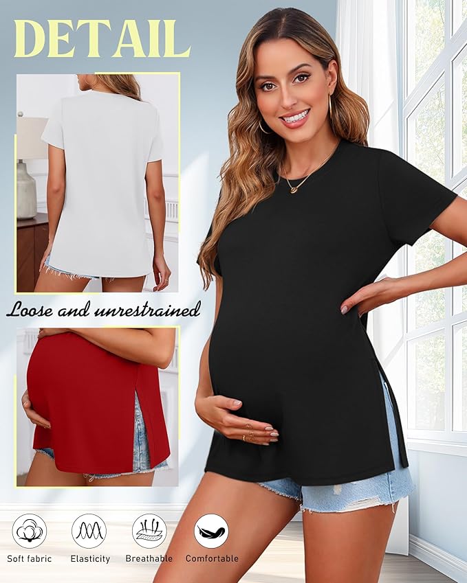 Ficerd 3 Pack Women's Maternity T Shirts, Short Sleeve Side Split Pregnancy Tops Casual Crew Neck Pregnant Tees Mama Clothes