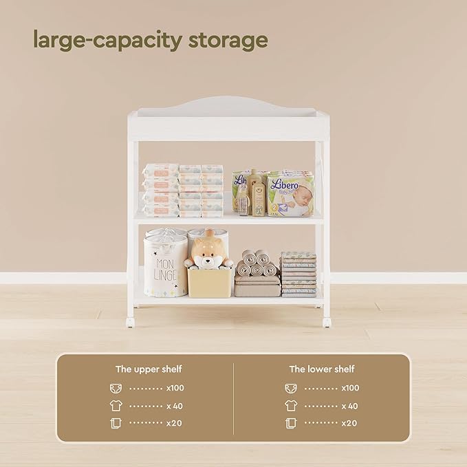 Baby Changing Table, Diaper Changing Station with Pad and Wheels, Two-Tier Open Storage Shelves, Waterproof Diaper pad & Safety Strap, Compact Baby Furniture for Nursery, White