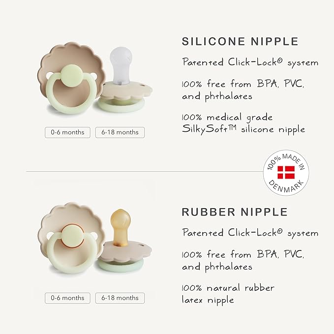 FRIGG Daisy Night Natural Rubber Baby Pacifier | Made in Denmark | BPA-Free (French Gray/Croissant, 0-6 Months) 2-Pack