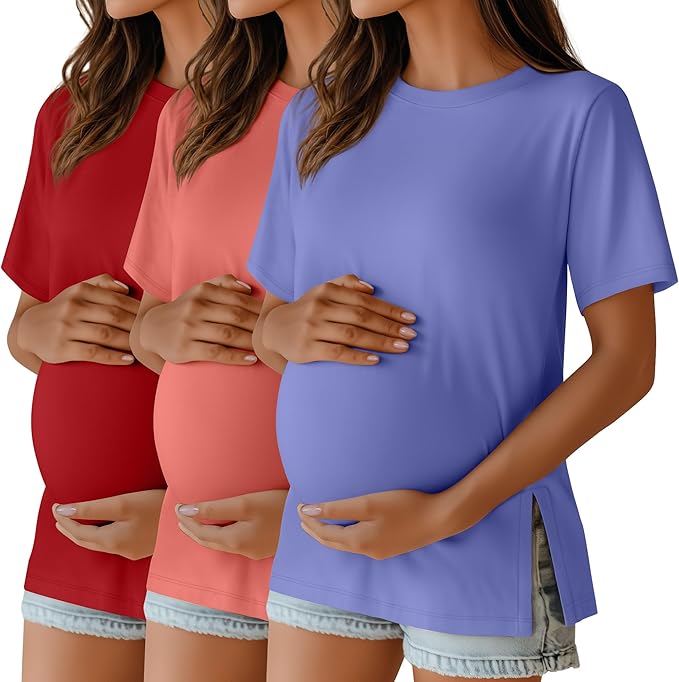 Ficerd 3 Pack Women's Maternity T Shirts, Short Sleeve Side Split Pregnancy Tops Casual Crew Neck Pregnant Tees Mama Clothes