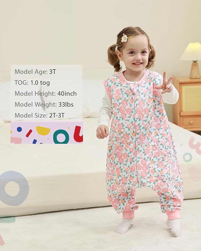 HOMEAL 1.0Tog Toddler Sleep Sacks 2T-3T,Toddler Sleeping Sack with Legs, Sleep Sacks, Baby Wearable Blanket, Pink Rose
