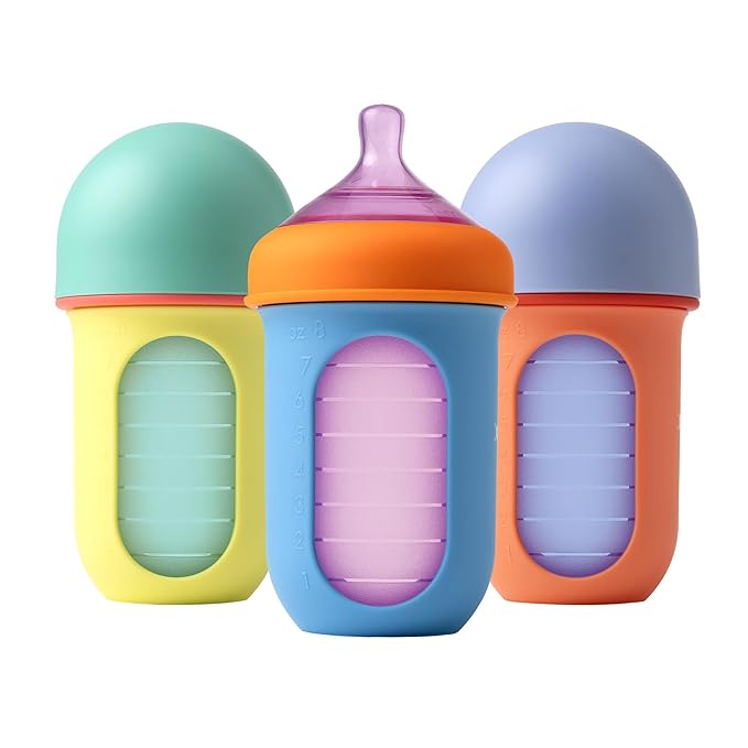 Boon Nursh Bottles - Silicone Baby Bottles Help Ease Colic Symptoms - Formula and Breast Milk Only Touch Food-Grade Silicone - Medium Flow - 8 Oz - Color Block