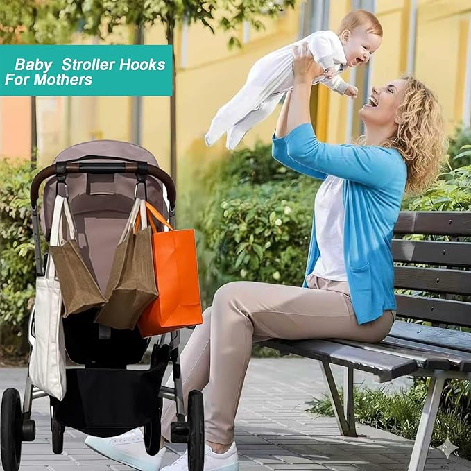Stroller Hooks with Silicone Bottle Holders - 2 Pack Heavy Duty Aluminum Carabiner Clips & 2 Universal Silicone Grips for Water Bottles - Universal Organizer for Diaper Bags, Wheelchairs, Carts