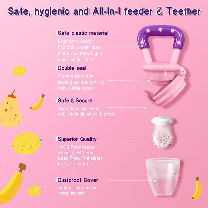 Baby Fruit Feeder with Ice Tray, BPA-Free Silicone Teether & Infant Feeding Set for 3-24 Months, Leak-Proof, Ergonomic Handle – Perfect for Puree, Yogurt & Frozen Snacks（Pink Yellow）