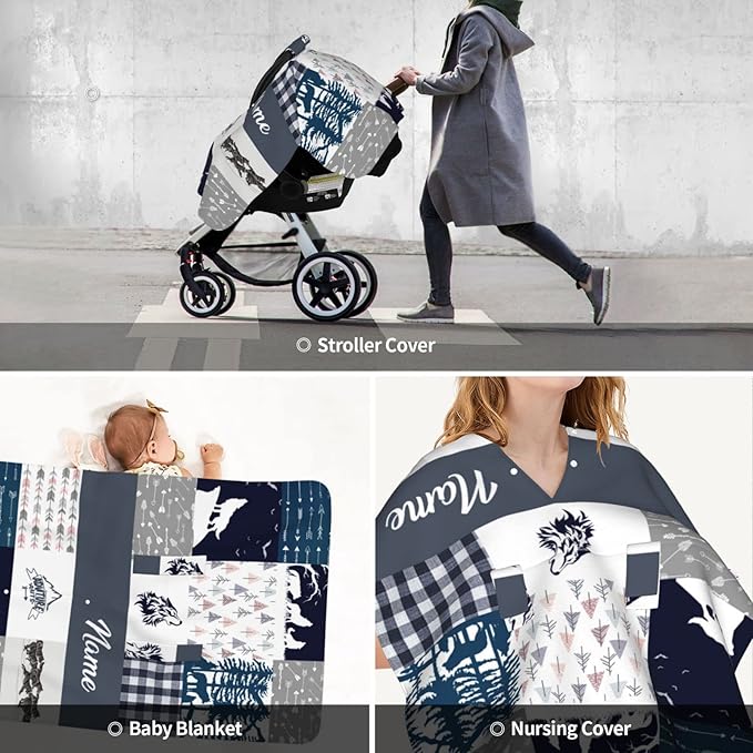 Personalized Wolf Pack Baby Car Seat Canopy for Babies with Name, Custom Arrow Car Seat Covers for Boys Girls, Opening Minky Nursing Breastfeeding Cover Infant Carseat Canopies for Newborn
