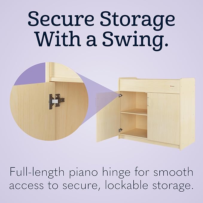 Foundations SafeSwing Daycare Changing Table, Formerly SafetyCraft - Durable Wood Cabinet with 2 Built-in Shelves - Storage w/Soft Close Hinges, Includes Durable Mattress Pad, Natural