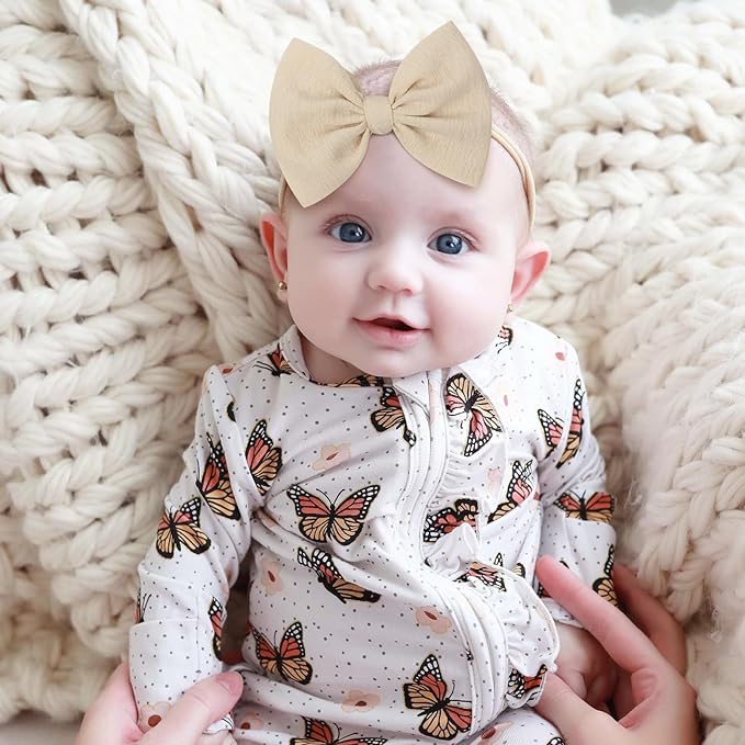 YanJie Baby Girls 4.5" Nylon Headbands, Handmade Hair Bows Hairbands Hair Accessories for Newborn Infant Toddlers Kids, 3 Pieces, Light Pink/White/Beige