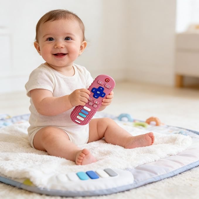 Baby Teether Toy,TV Remote Control Shape Teething Relief Chew Toy for Infants 3-24 Months, BPA Free, Pink